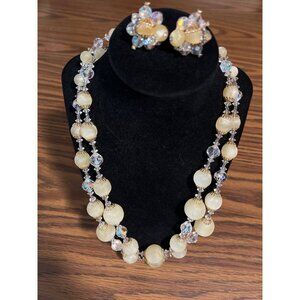 Vendome signed vintage crystal beaded double strand necklace and clip earrings